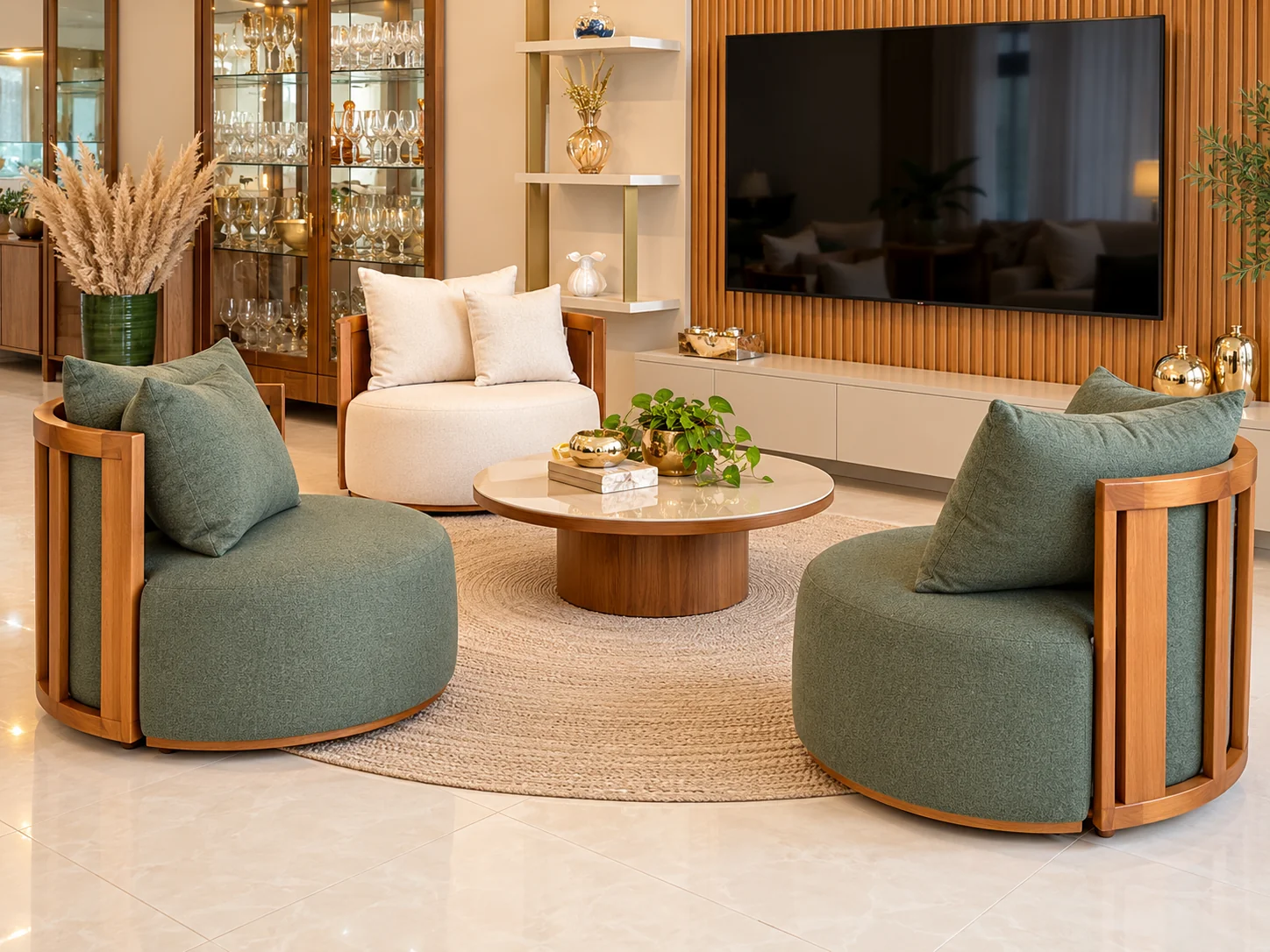 Ambiente residencial ilustrativo com duas poltronas verdes, poltrona clara e mesa de centro